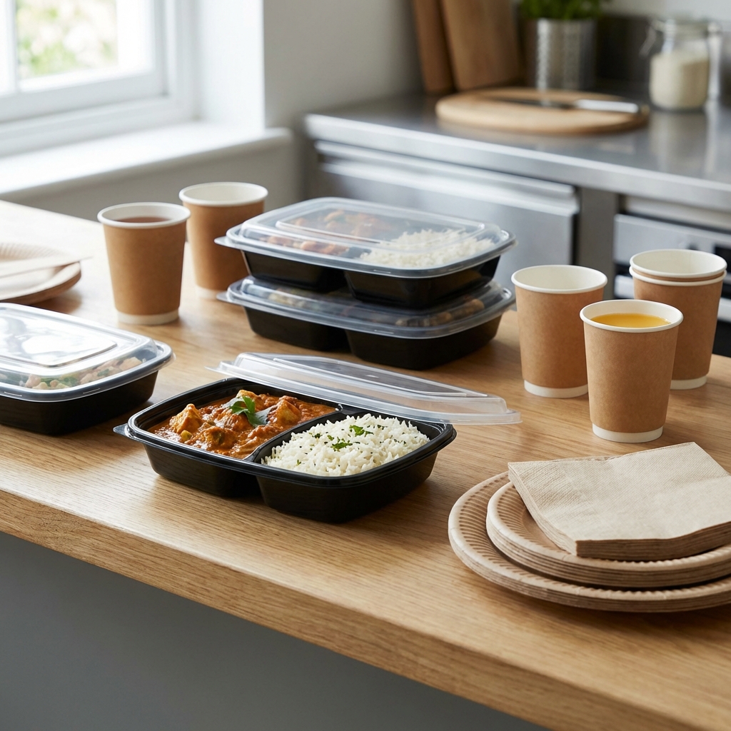 Indian food curry rice in plastic containers with paper cups bulk order